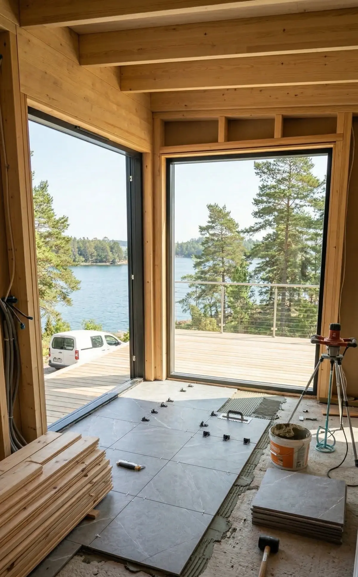 Klinkerläggning på plats i ett nybygge med utsikt över vattnet, med bruk och verktyg framme